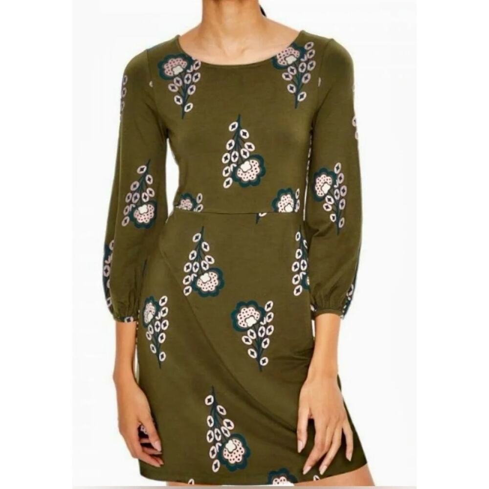 Boden Olive Green Retro Pink Floral Long Sleeve Dress Size 4 Mini EUC